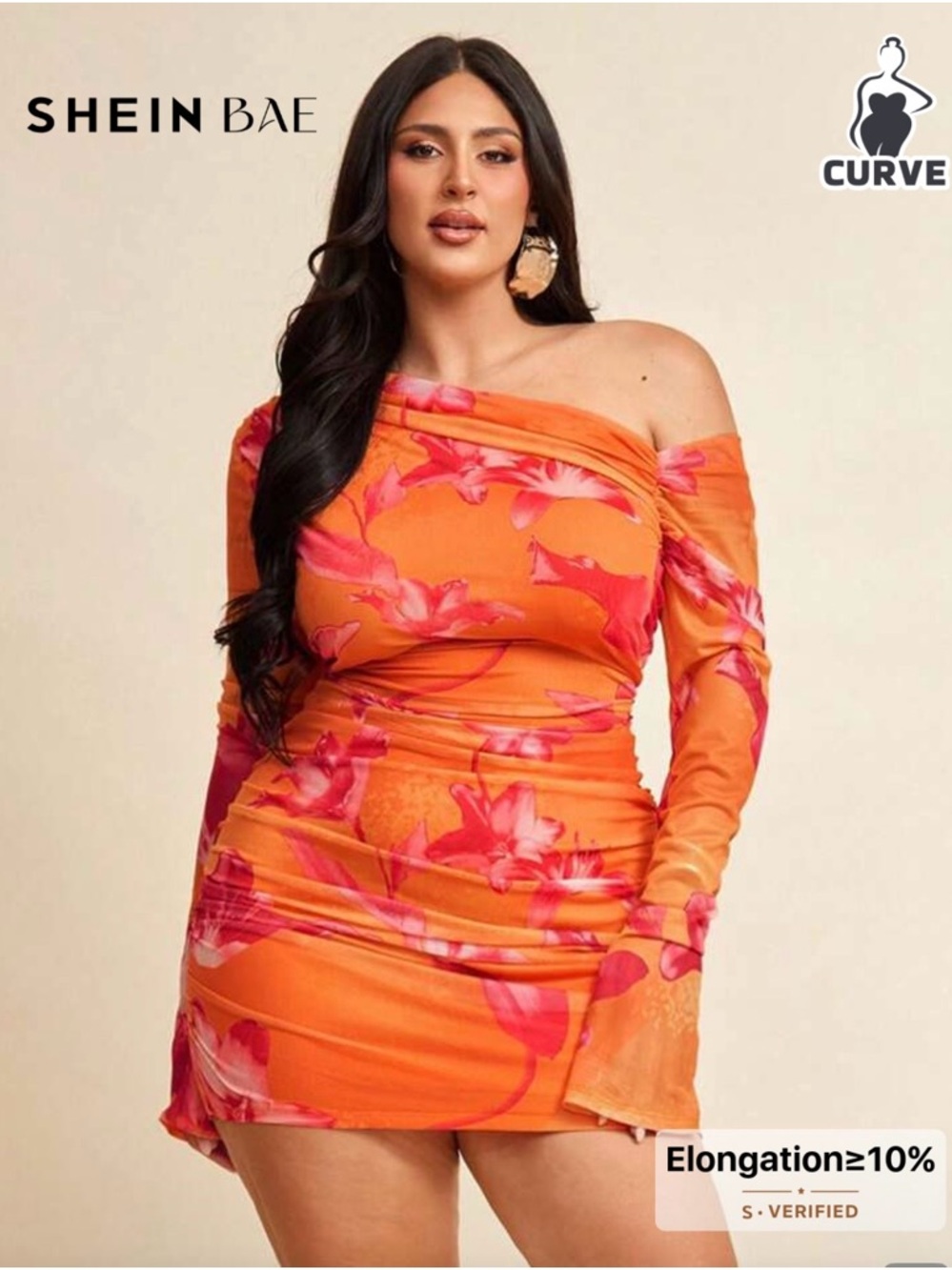 SHEIN Orange Pink Floral Off-Shoulder Bodycon Dress